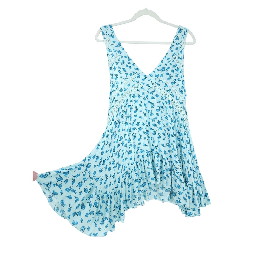 Free People Intimately Mini Dress Womens XS Blue Teal Floral Crochet Lace Soft